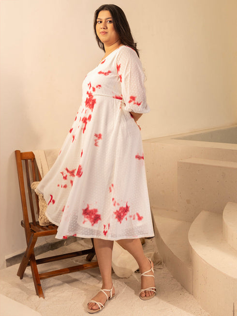 Off White Dobby Georgette Tie & Dye Fit & Flare Dress